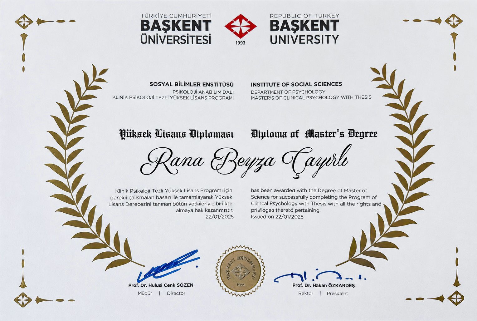 Başkent Üniversitesi Klinik Psikoloji yüksek lisans diploması