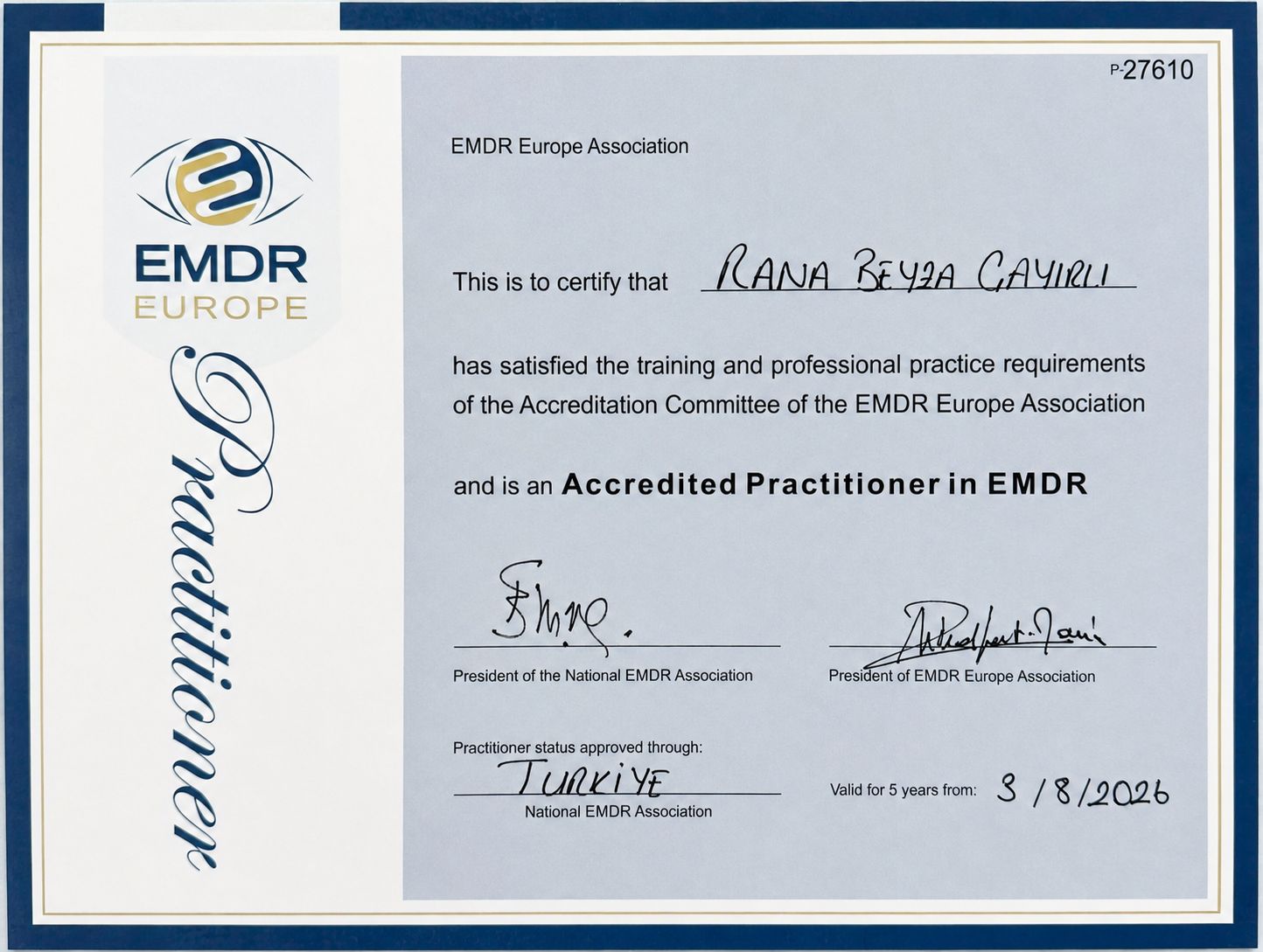 EMDR Europe Association akredite uygulayıcı sertifikası