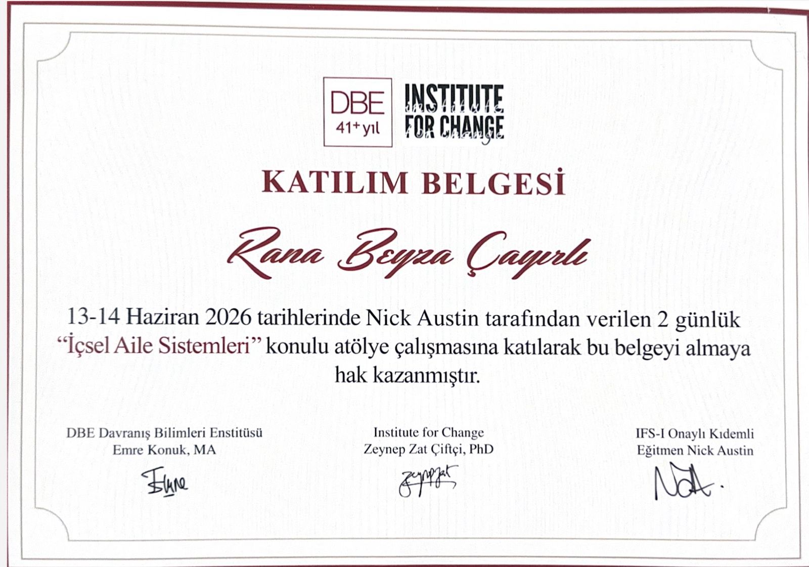 İçsel Aile Sistemleri atölyesi katılım belgesi